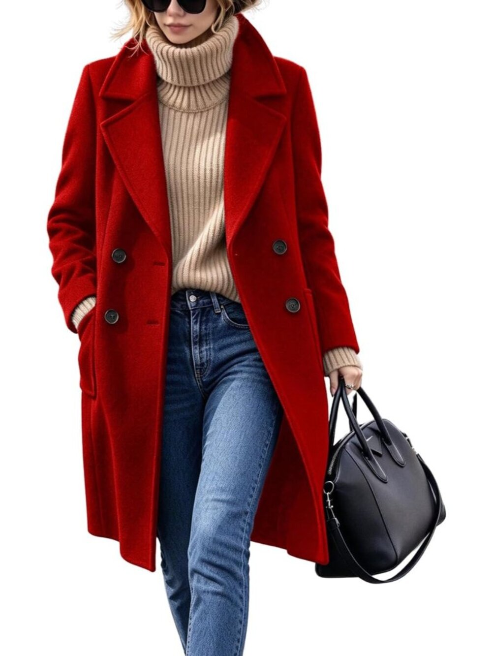 Women's Red Notch Collar Long Sleeve Double Breasted Long Wool Classic Pea Coats